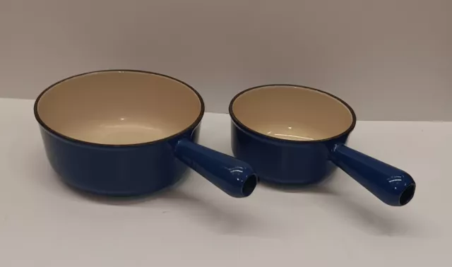 2 Cousances Blue Enamel Iron Sauce Pans, #14, #18. France