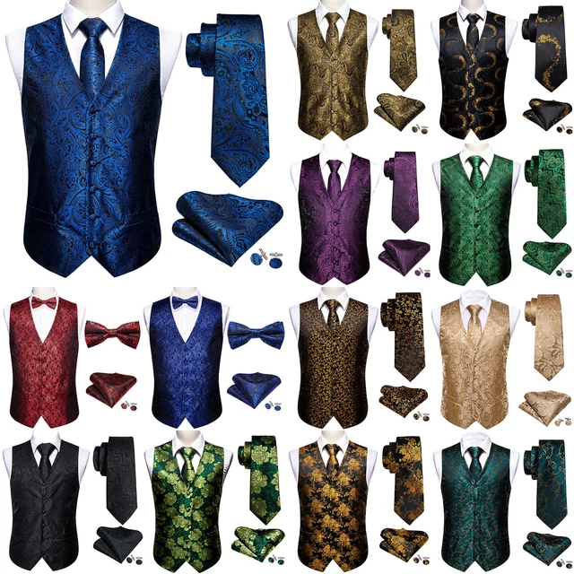 Mens Formal Wedding Waistcoat Floral Paisley Suit Vest Slim Tuxedo Silk Tie Set