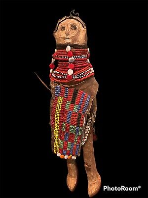 12” Vintage Turkana African Doll Hand Carved Tribal Folk Art Wooden Figure Beads