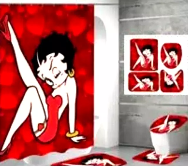 Betty Boop Red Bathroom Shower Curtain Toilet Seat Cover & Rugs Set