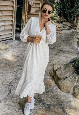 Zara Nwt Ss21 Woman Cutwork Embroidery White V-Neck Midi Dress Ref. 2578/884