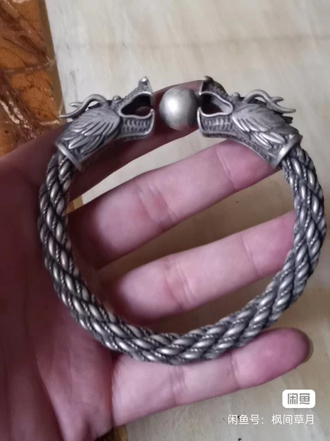 Tibetan. Miao Silver Handmade Double Dragons Headed Bracelet Men's Bracelet Y87