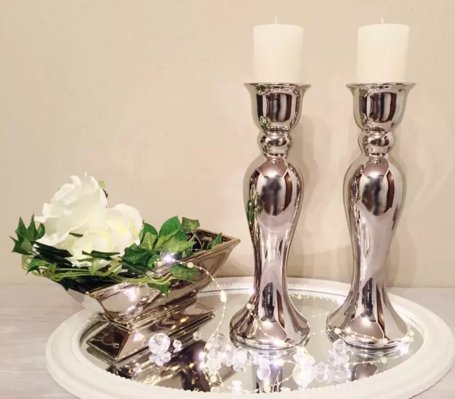 2 x 44 cm Kerzenständer Kerzenleuchter Kerzenhalter Keramik Silber Shabby Chic