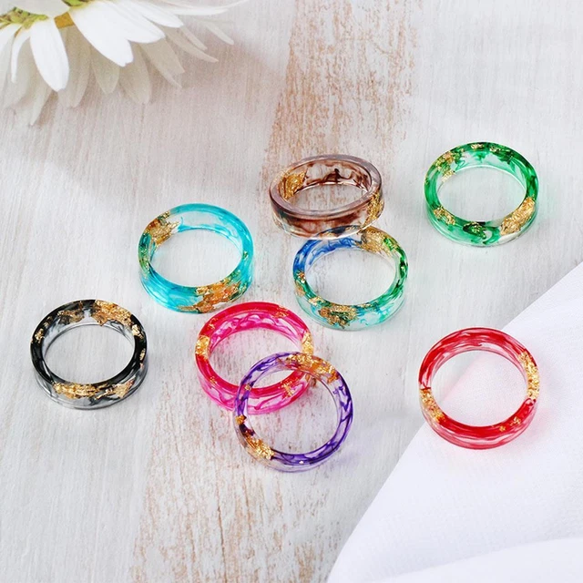 Hecho a mano Anillo de resina epoxi Color floral Lámina de oro Transparente