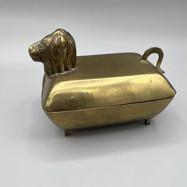 Vintage Solid Brass Cigarette Trinket Jewelry Box Lion Head Tail Design Lidded