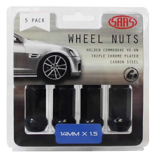 SAAS Wheel Nuts Flat Head Bulge 14X 1.5 Black 45mm (5 Pack) 445995BC