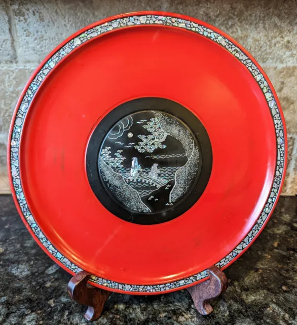 Vintage Asian Lacquer Large Plate - 13.75" - Red & Black - Mother of Pearl Inlay