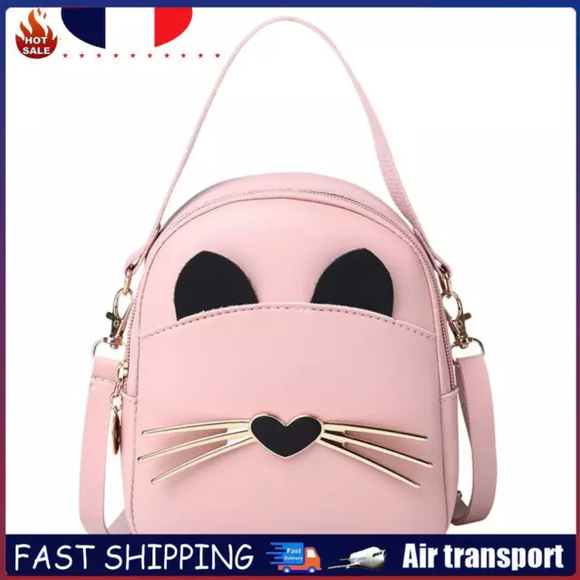 Women PU Leather Crossbody Messenger Bag Cute Cat Shoulder Backpack (Pink) FR