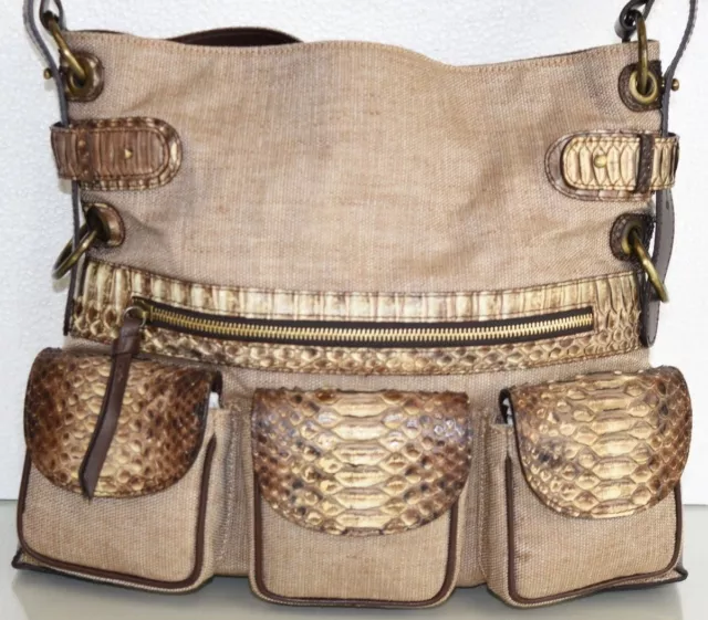 Neuf GHURKA Sac Voyage Beige Lin Toile Marron Cuir & Exotique Python Épaule