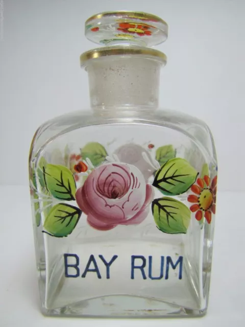 BAY RUM Antique Apothecary Drug Store Square Glass Bottle Hand Painted Jar