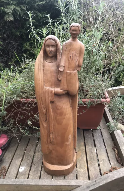 French 18" WOOD HAND CARVED Statue Virgin Mary seat of wisdom Jesus Church