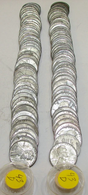 1943 D Lincoln Wheat Cent Steel Penny 2 High Grade Circ Rolls  (100 Coins)