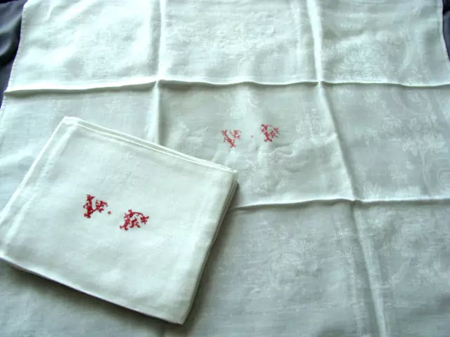 9 Serviettes Anciennes En Damasse Lin Soie Monogramme Rouge V F