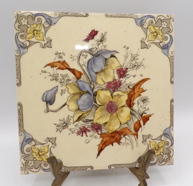 Antique Victorian transfer Printed Aesthetic Architectural Fireplace Tile Floral