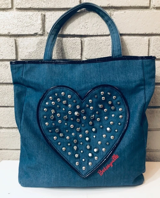 Betseyville By Betsey Johnson Denim Studded Heart Handbag Purse Tote Carry On