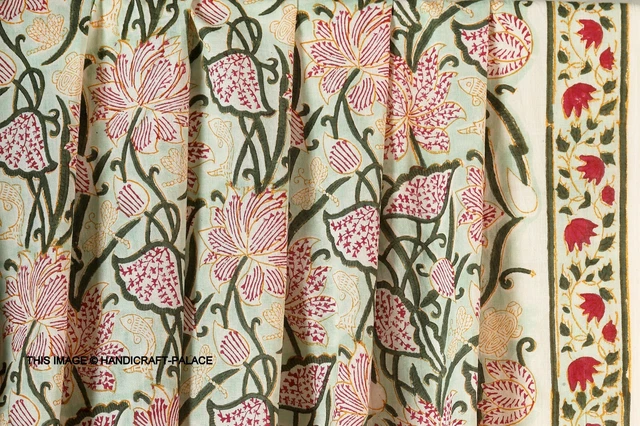 4.6m Main Bloc Vert Imprimé Floral Tissu Naturel Handmade Coton Indien Artisanat