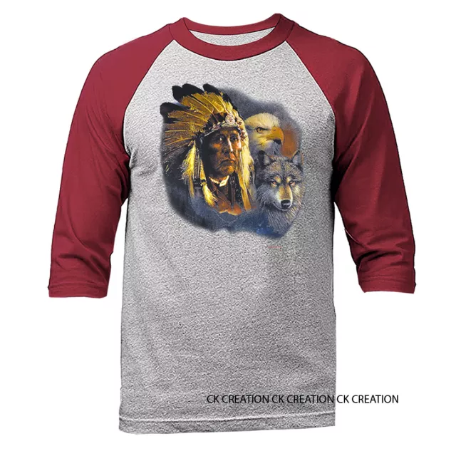 Indian Animals Native American Headress Graphic  Raglan 3/4 Sleeve Tee
