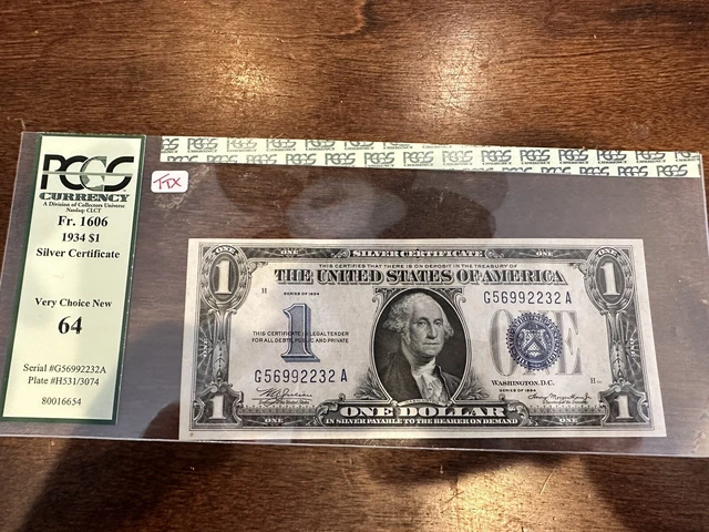 1934 $1 One Dollar Silver Certificate Funnyback Fr. 1606 PCGS 64 G56992232A