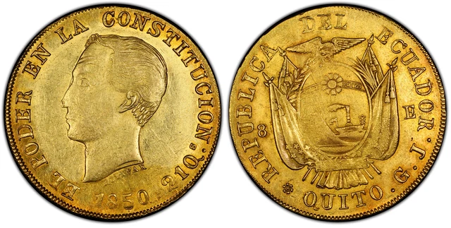 ECUADOR 1850 GJ AV 8 Escudos. PCGS AU53 Quito KM 34.1. Rare; Fr.-8; Onza-1771