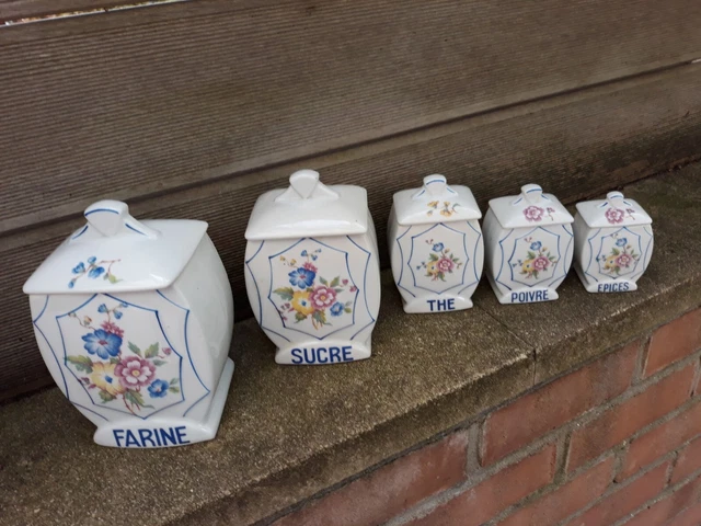 Ancien Service à épices Céramique Bleuets - 5 Pots Avec Couvercles