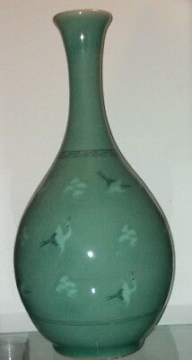 Korean Vase Celadon Crane Green Glazed Ceramic Pottery Signed By The Maker
