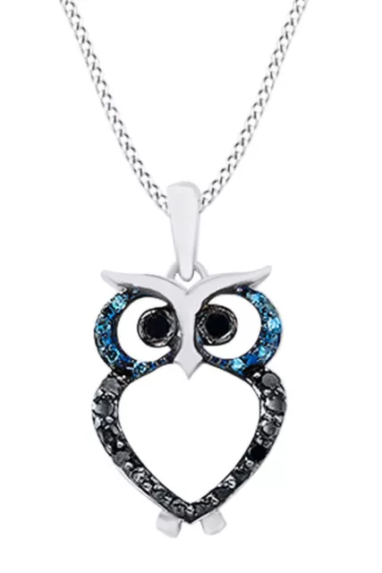 Owl Bird Pendant 0.06Ct Round Blue Black Natural Diamond Sterling Silver 18" Cha