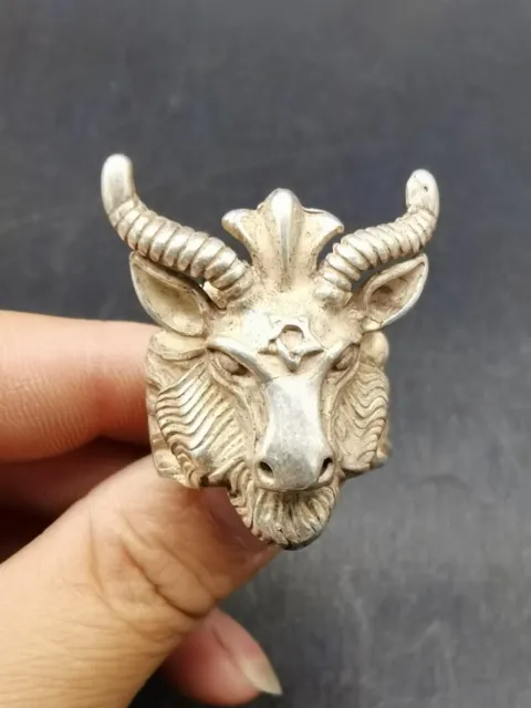 Old Chinese tibet silver handcarved sheep head Ring 3