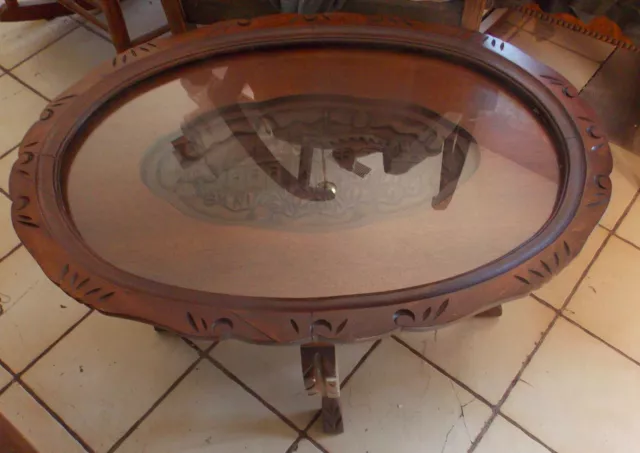 Carved Walnut Castle Scene Coffee Table with Serving Tray  (CT-234)