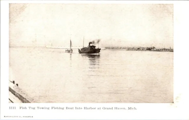 Fish Tug Towing Fishing Boat into Harbor, GRAND HAVEN, Michigan Postcard