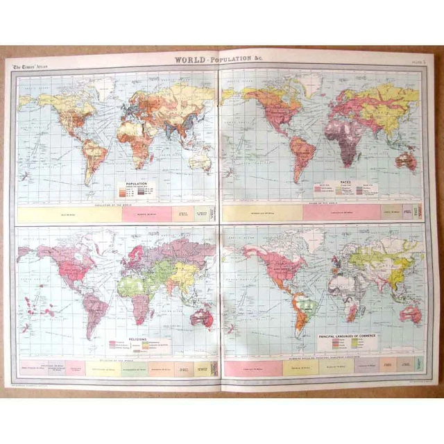 WORLD POPULATION RACE Religion Language Vintage Map 1922 by