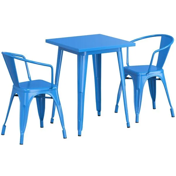 23.5'' Square Blue Metal Restaurant Table Set with 2 Armchairs For Outdoor Use