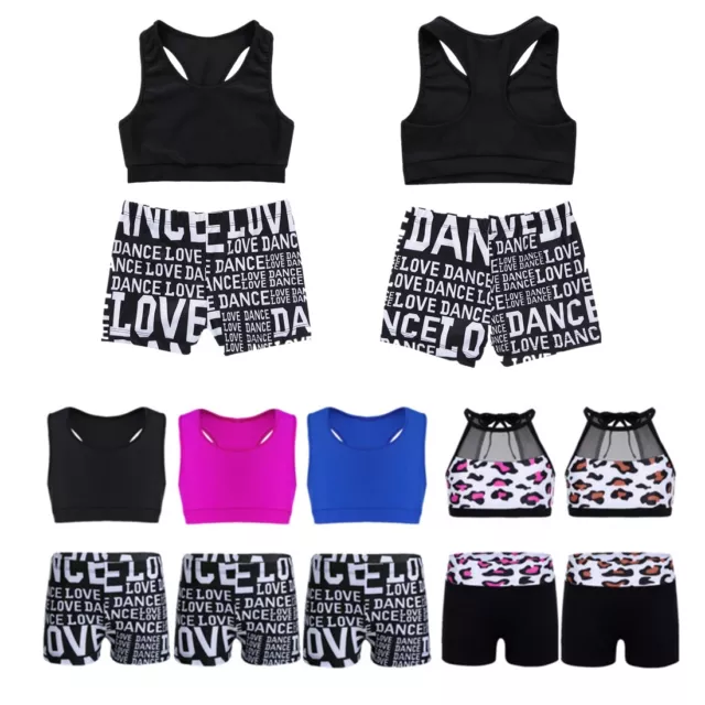 Girls Jazz Dance Costume Kids Gym Sports Ballet Crop Tops+Bottoms Dancewear Set