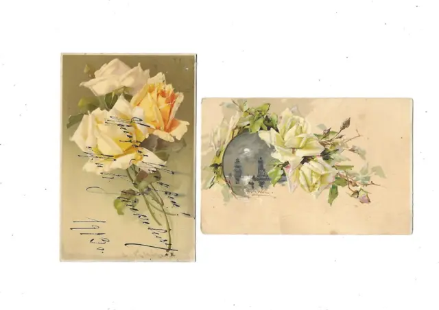 2 CPA carte postale ancienne des roses jaunes par Klein