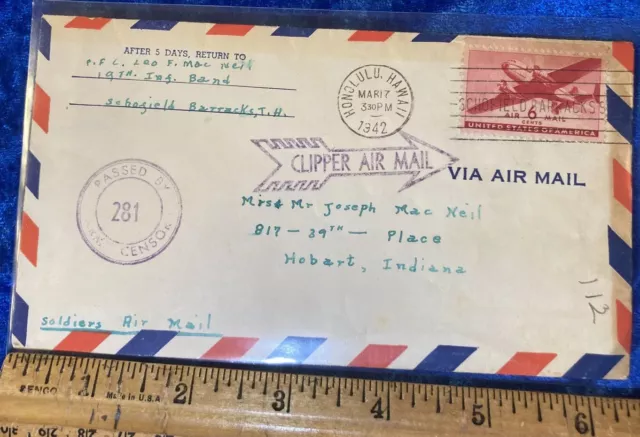 1942 WWII Honolulu Hawaii CLIPPER AIR MAIL Letter Censor Pass Schofield Barrack