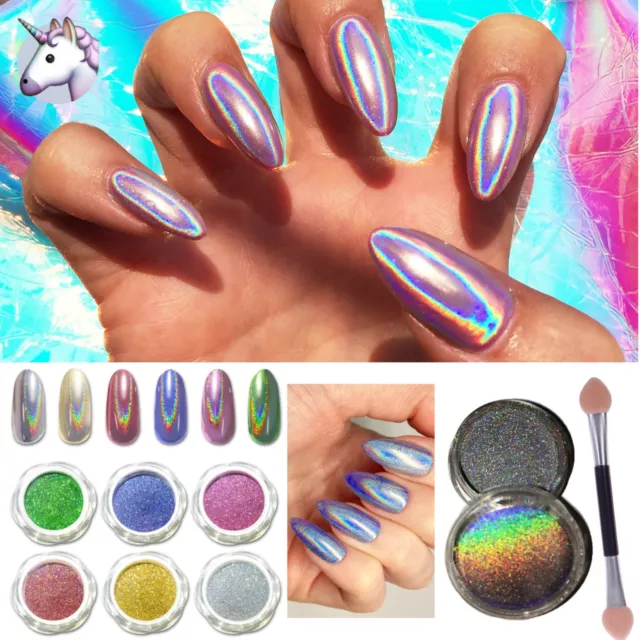 15 μm POLVO UNICORNIO Efecto Espejo Holográfico Polvo Arte en Uñas Pigmento 6 COLORES