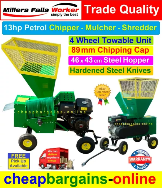 GARDEN WOOD CHIPPER MULCHER SHREDDER TOWABLE 13hp PETROL ENGINE 89mm CAPACITY HD