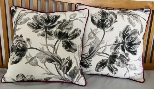 Laura Ashley Gosford Charcoal Cushions with Cerise Trim x 2 (Pair) ~ 40 x 40cm