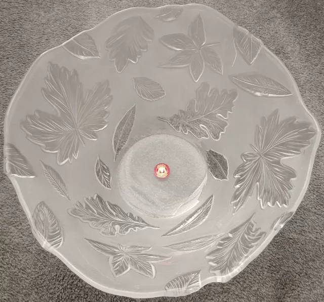 Rare Waltherglas Frosted Glass Etched Leaves Large Fruit Bowl Decorative 30cm