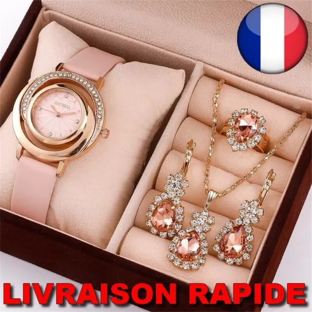 Montre Luxe Femme Bague Collier Boucles d'oreilles Kit Ensemble Bijoux Strass