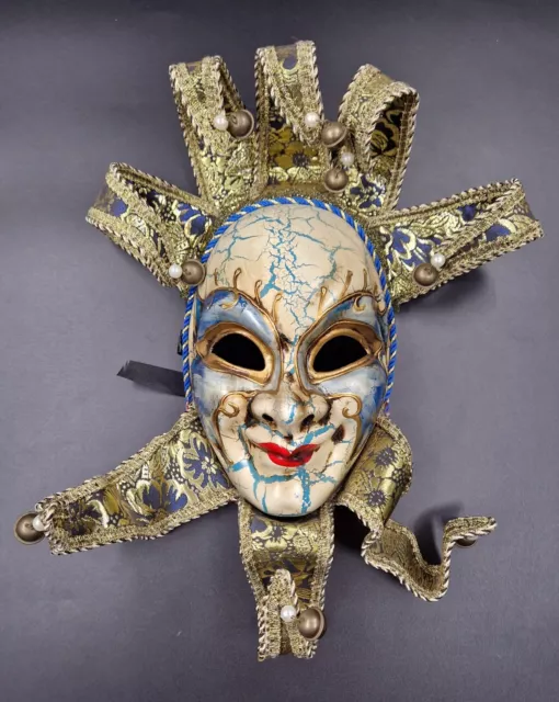 Maschera Veneziana In Cartapesta Decorata A Mano Soggetto: Jolly - Giullare Blu