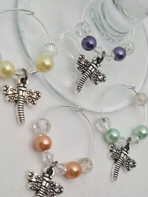 Handmade beaded dragonfly wine cocktail gin glass charms drinks marker set of 4