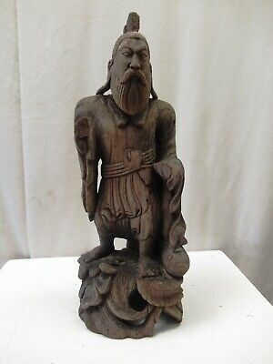 Vintage Chinese Carved Man Figurine Statue Sculpture Wooden Fish Decorative Old"