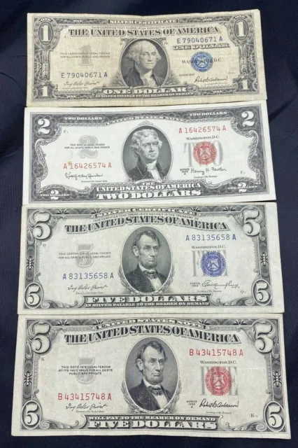 US Paper Currency Collection $5 Dollar Blue 5 Dollar Red Seal 2 Dollar Red Seal
