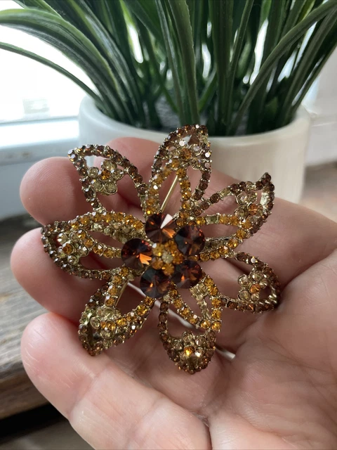 Vintage Amber Glass Stones Flower Brooch 2.5 “ Unique Accessory