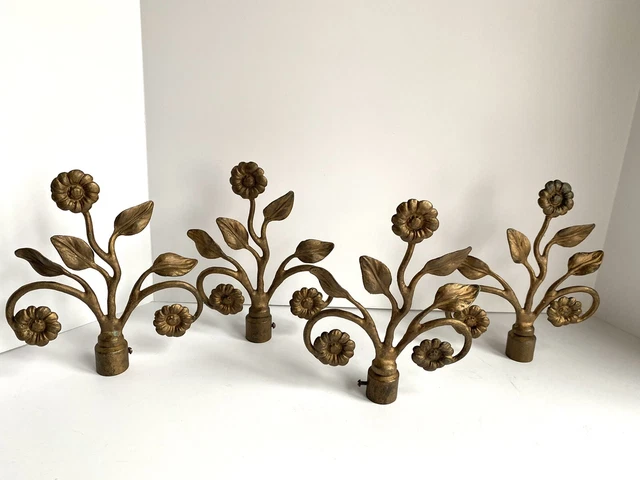 Antique Vintage Cast Iron Curtain Rod Finials Flowers leaves Unusual