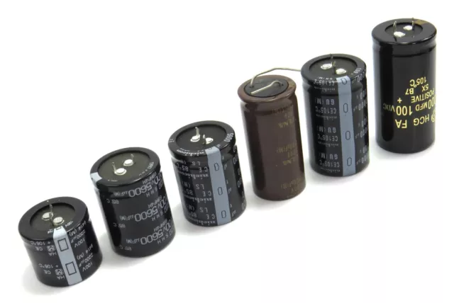 Mixed Lot of Six Various 100 VDC Electrolytic Capacitors, No Packaging