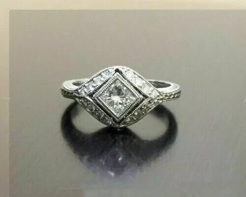 VINTAGE ART DECO Engagement Ring 2.1 Ct Simulated Diamond 14K White ...