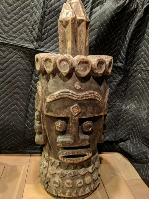 Nigerian Helmet Mask with Four Faces — Authentic Handcarved Wood African Art