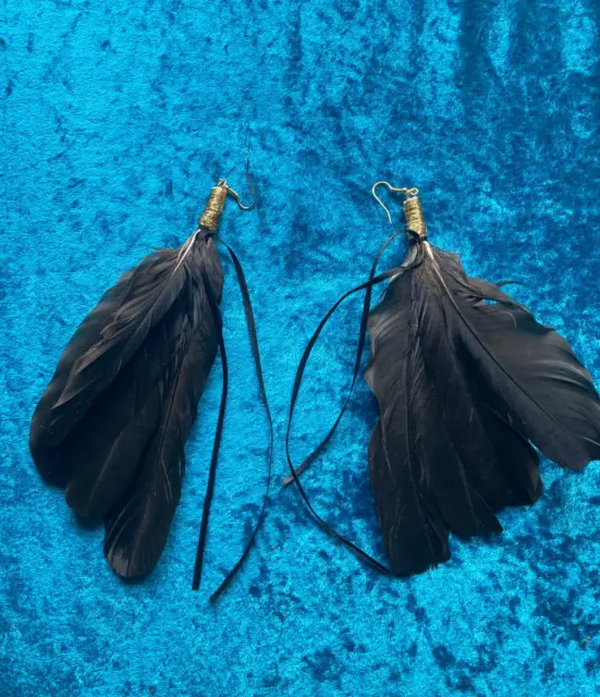 Pair black crow feather earrings brass wire black ribbon gold hooks pagan shaman