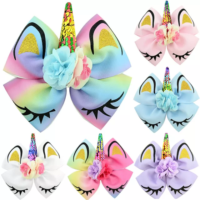 Girls Kid's Unicorn Bowknot Hair Clips 8 inch Shiny Sequin Hair Bow Hairpins